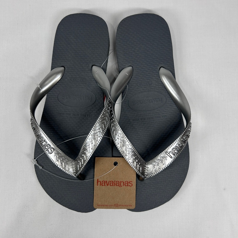 Havaianas Metallic Silver Grey Flip Flops NWT Slim Logo Rubber Sandals USA 7/8w